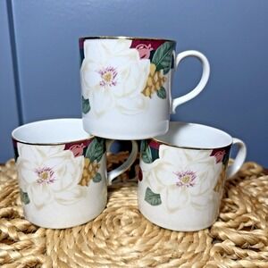 Tienshan Magnolia Coffee Mug Set of 3 Hunter Green Burgundy Gold 90's Fine China
